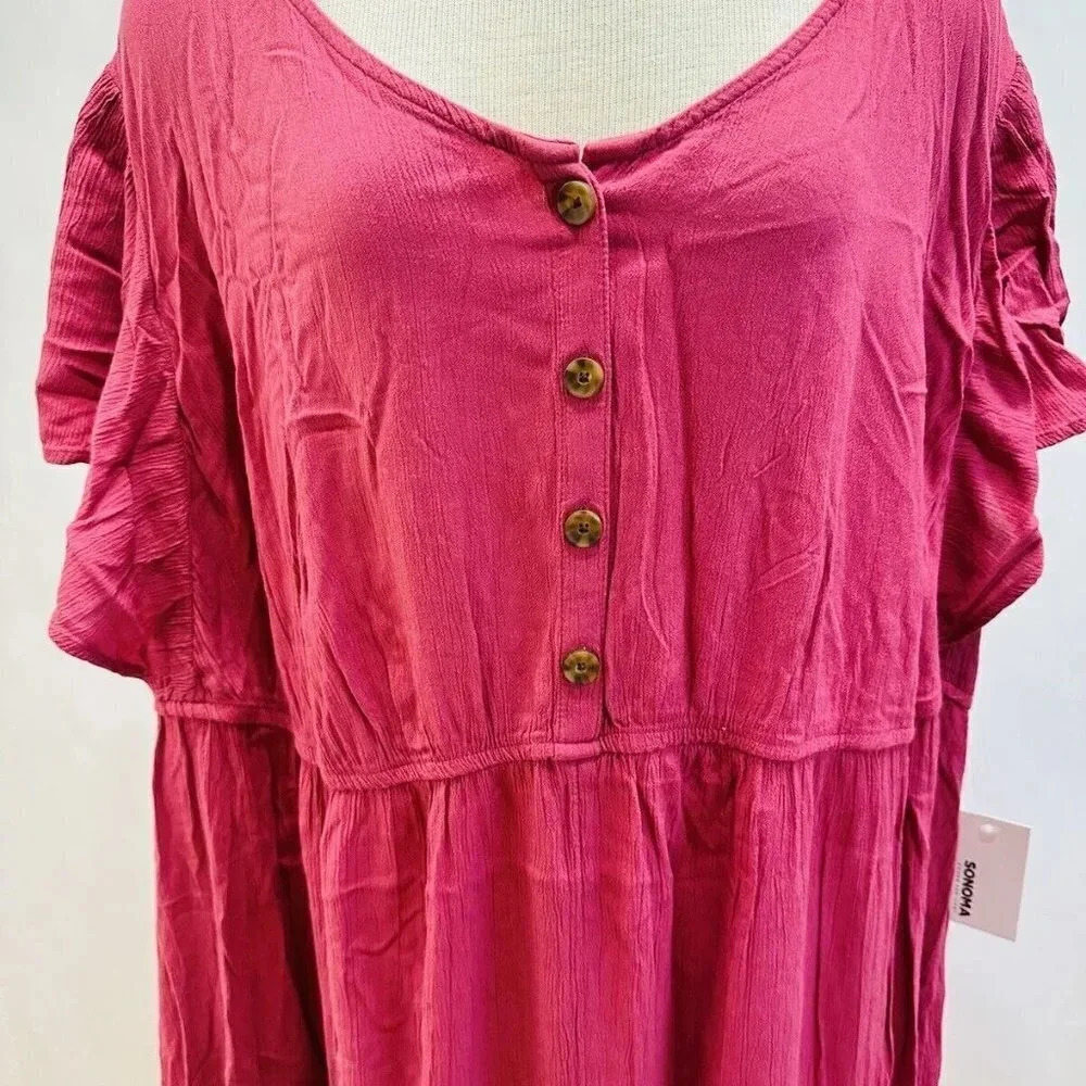 NWT SONOMA Women Short Sleeve Pullover Pink Elastic Waist V-Neck Dress Size 3X - Picture 4 of 12